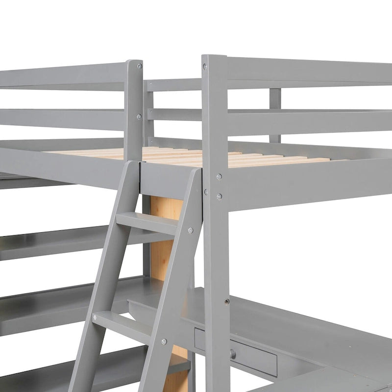 Lit mezzanine double avec bureau et tiroir, étagères et armoire intégrés, lit mezzanine surélevé double avec rangement pour enfants