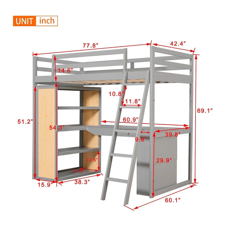 Lit mezzanine double avec bureau et tiroir, étagères et armoire intégrés, lit mezzanine surélevé double avec rangement pour enfants