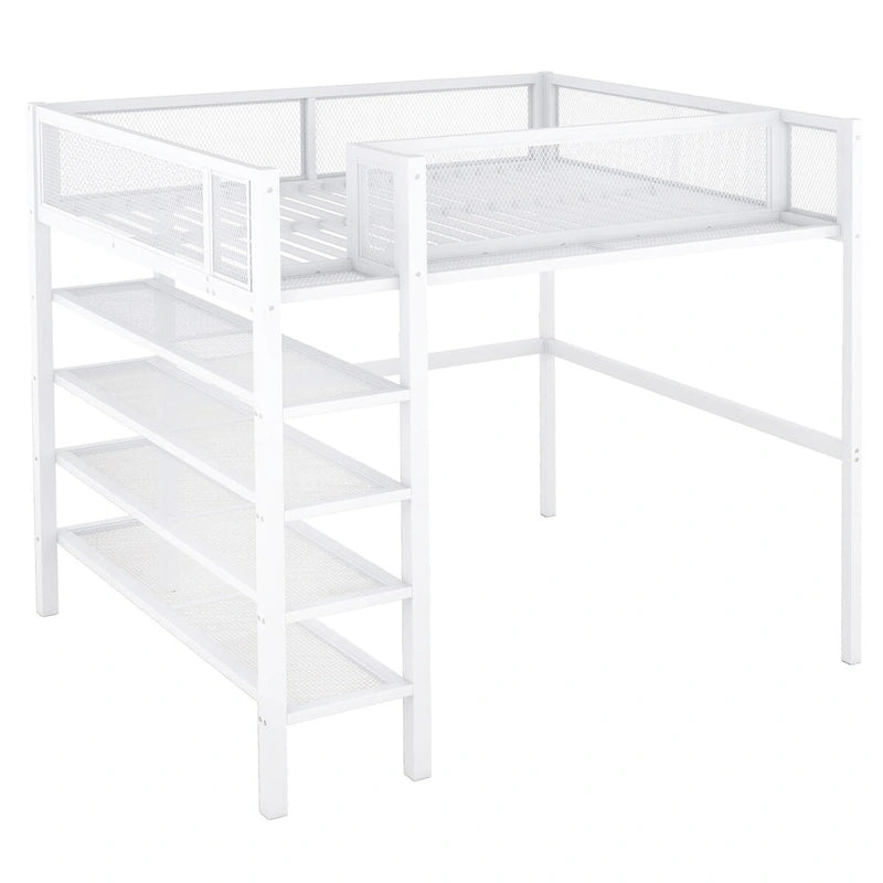 Lit mezzanine en métal blanc avec étagères à 4 niveaux et rangement