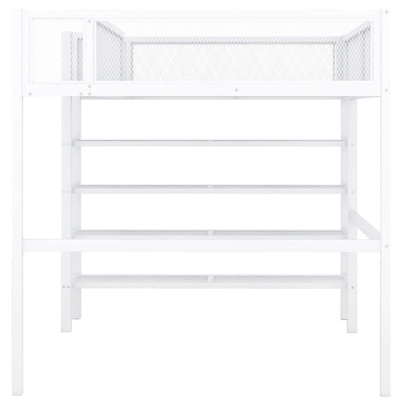 Lit mezzanine en métal blanc avec étagères à 4 niveaux et rangement