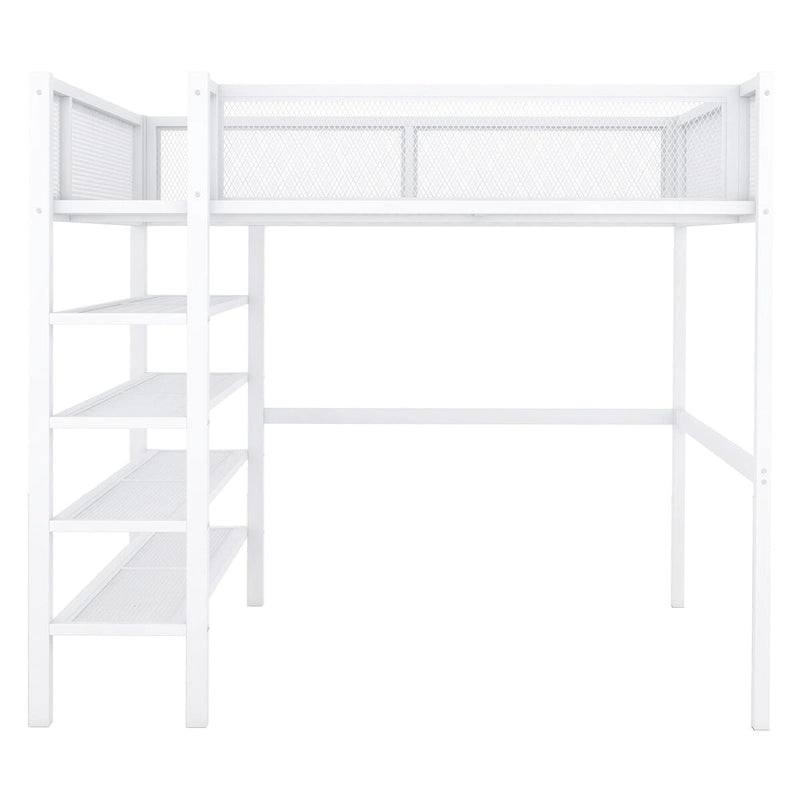 Lit mezzanine en métal blanc avec étagères à 4 niveaux et rangement