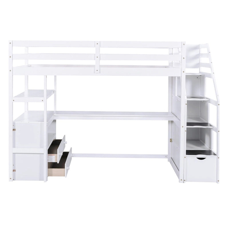 Lit mezzanine en pin avec bureau, étagères, tiroirs de rangement, escalier de rangement