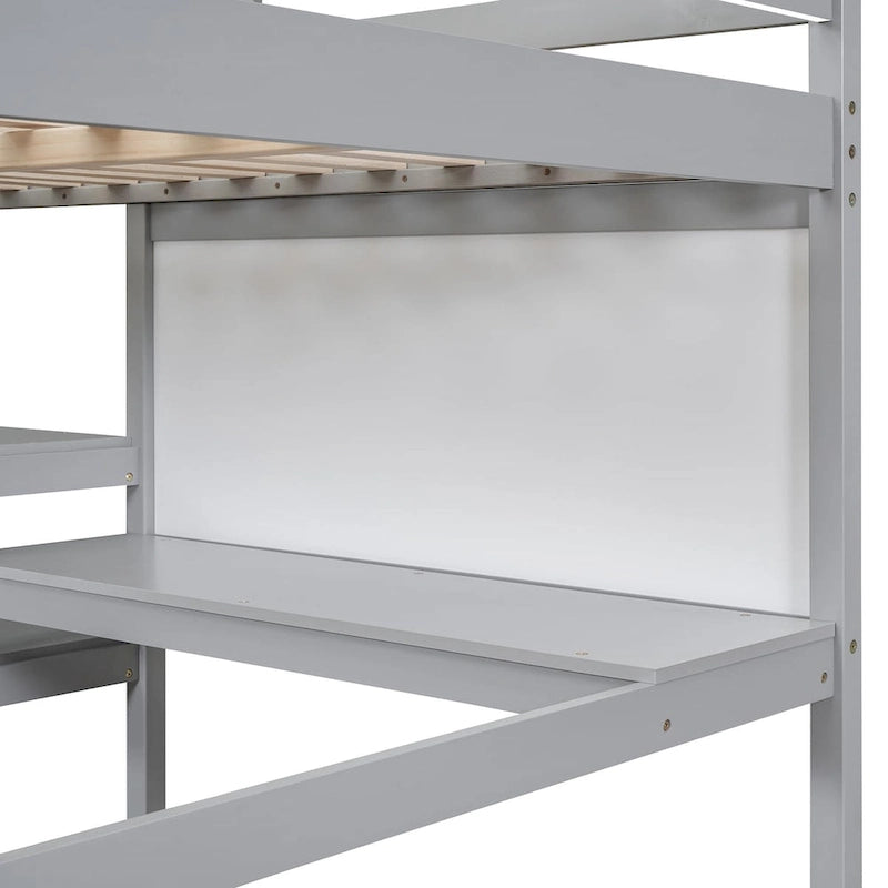 Lit mezzanine en bois pleine grandeur avec étagères, bureau et tableau d'écriture