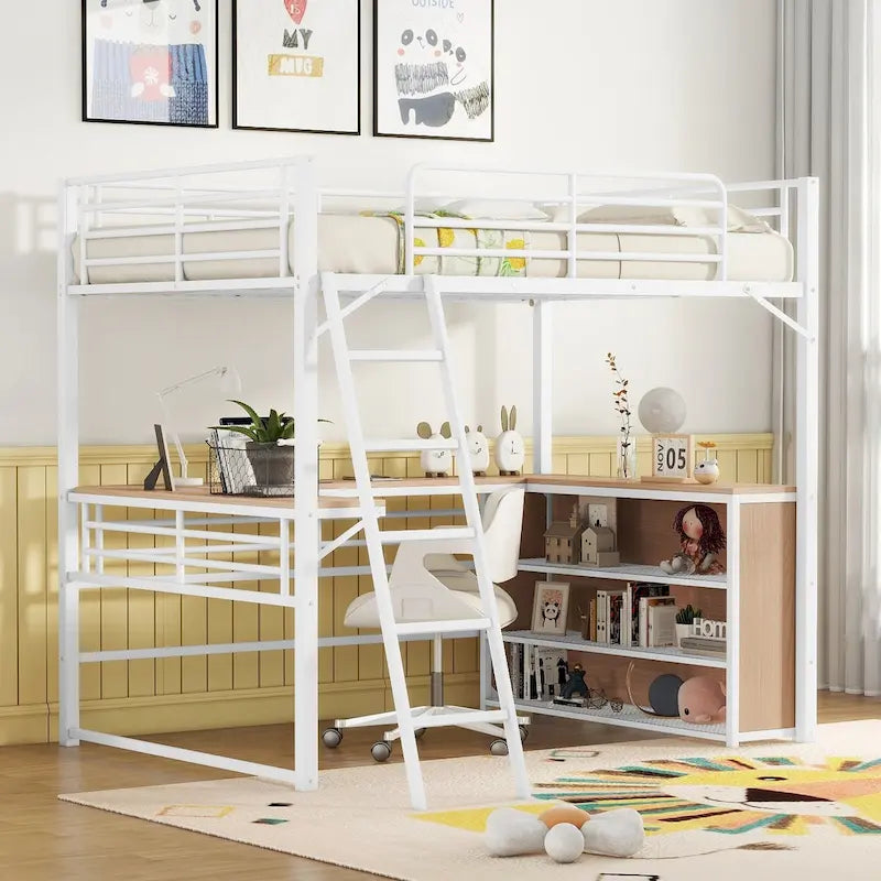 Lit mezzanine en métal avec bureau en L et 3 étagères, échelle réversible