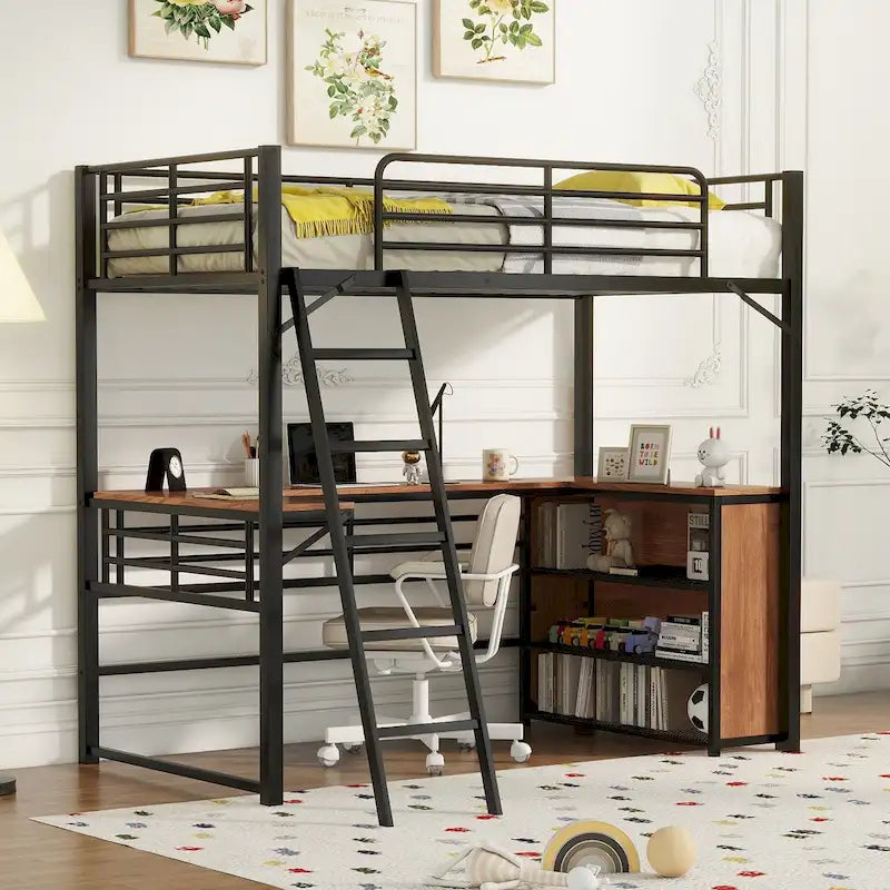 Lit mezzanine en métal avec bureau en L et 3 étagères, échelle réversible