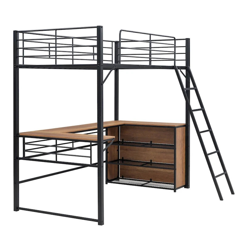 Metal Loft Bed with L-shaped Desk and 3 Layers of Shelves, Reversible Ladder