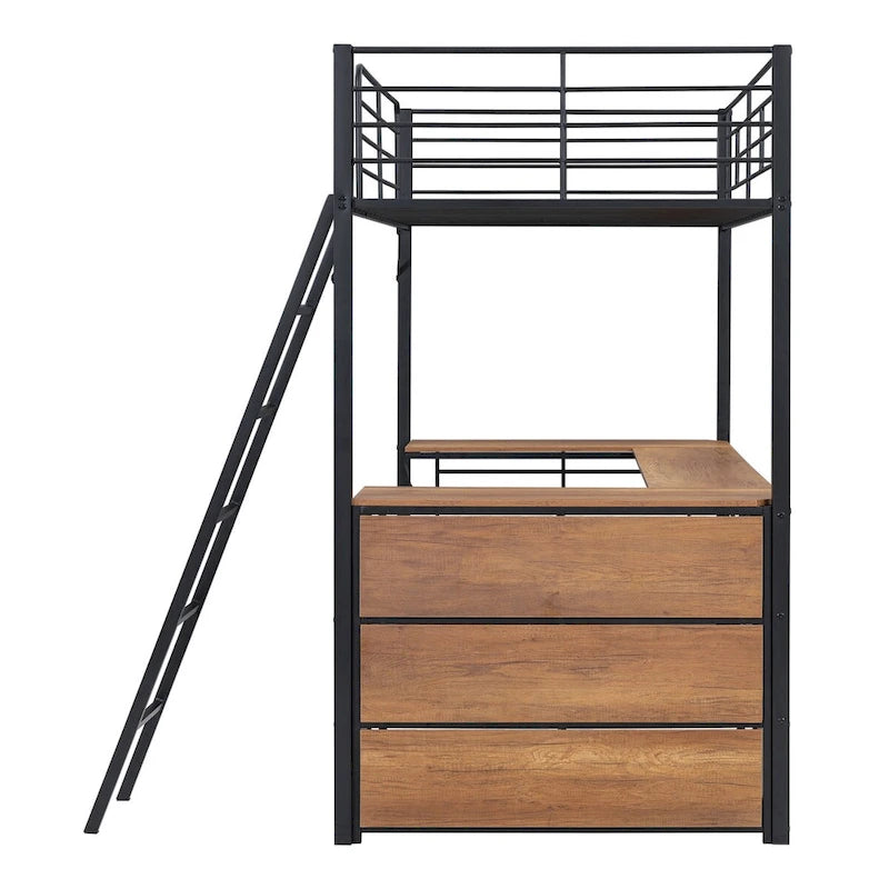 Lit mezzanine en métal avec bureau en L et 3 étagères, échelle réversible