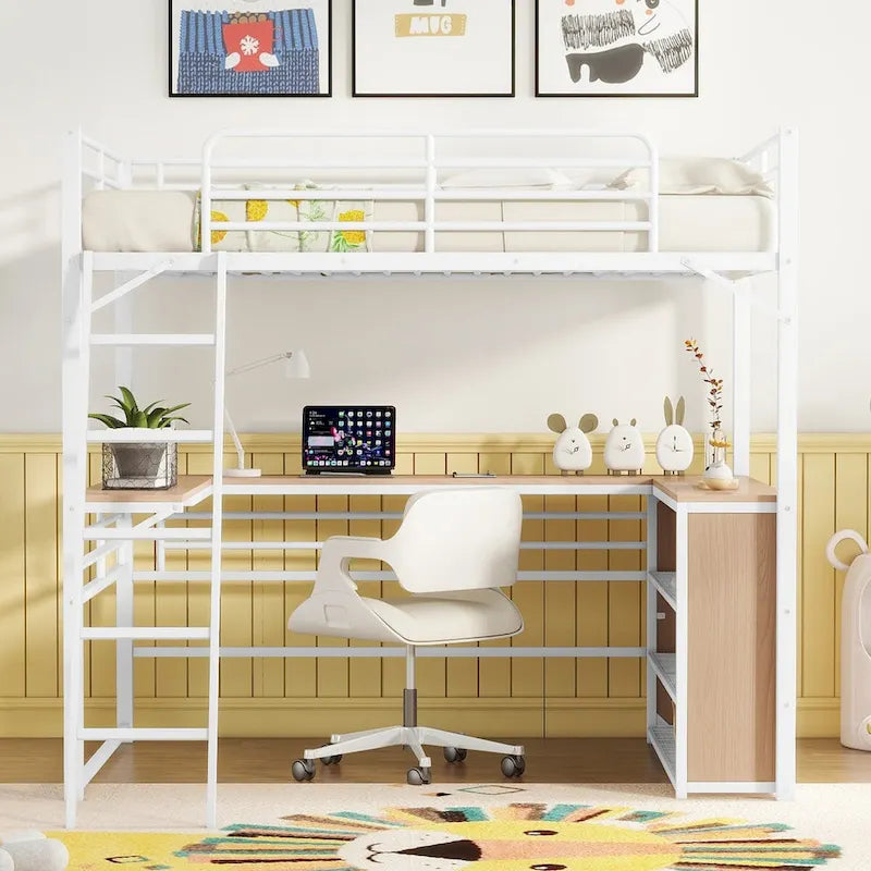 Lit mezzanine en métal avec bureau en L et 3 étagères, échelle réversible