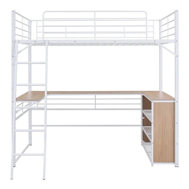 Lit mezzanine en métal avec bureau en L et 3 étagères, échelle réversible