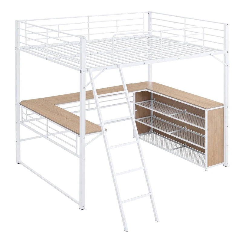 Lit mezzanine en métal avec bureau en L et 3 étagères, échelle réversible