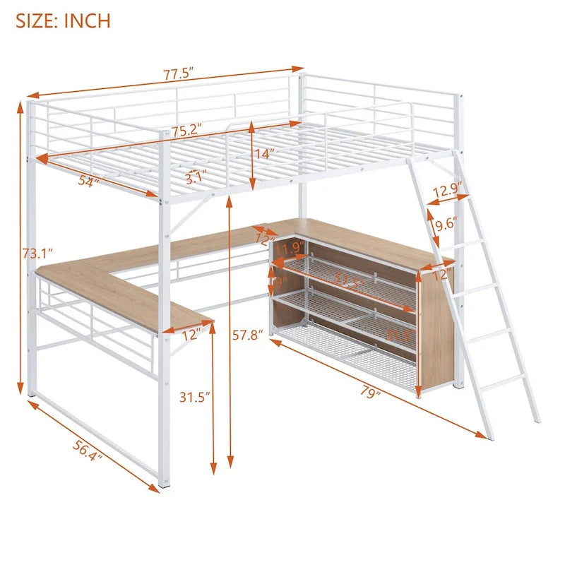 Lit mezzanine en métal avec bureau en L et 3 étagères, échelle réversible
