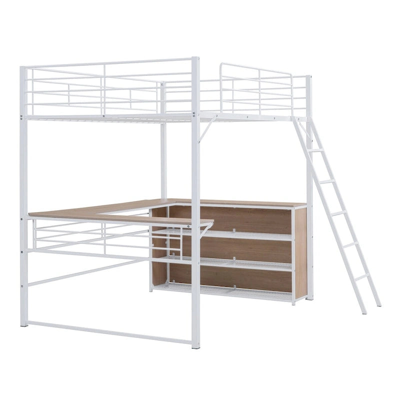 Lit mezzanine en métal avec bureau en L et 3 étagères, échelle réversible