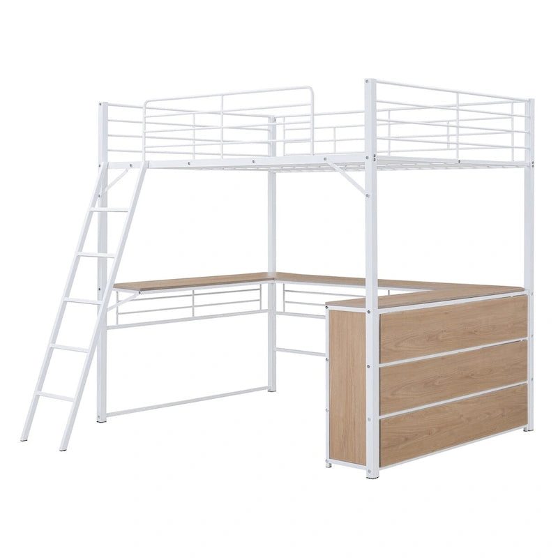 Lit mezzanine en métal avec bureau en L et 3 étagères, échelle réversible