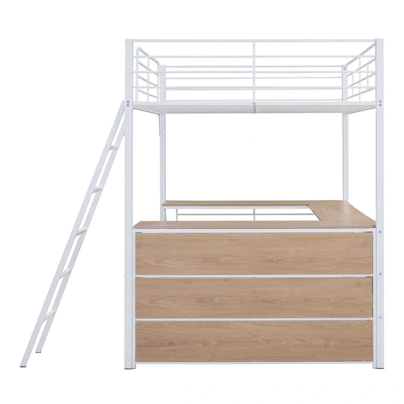 Lit mezzanine en métal avec bureau en L et 3 étagères, échelle réversible