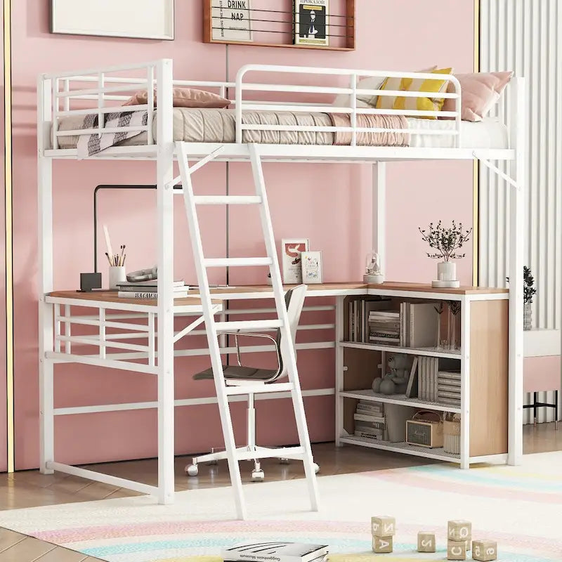 Lit mezzanine en métal avec bureau en L et 3 étagères, échelle réversible