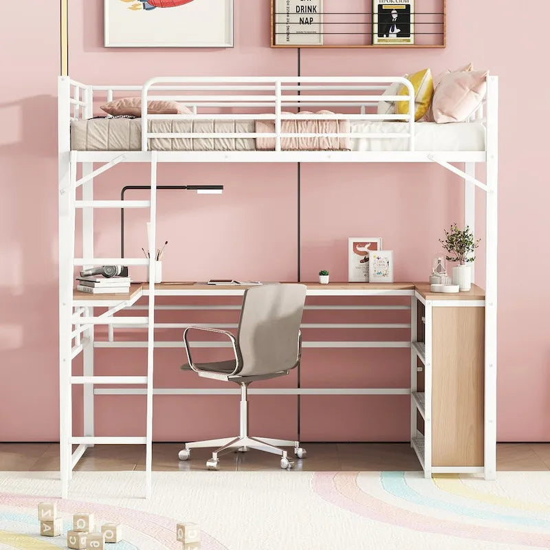 Lit mezzanine en métal avec bureau en L et 3 étagères, échelle réversible