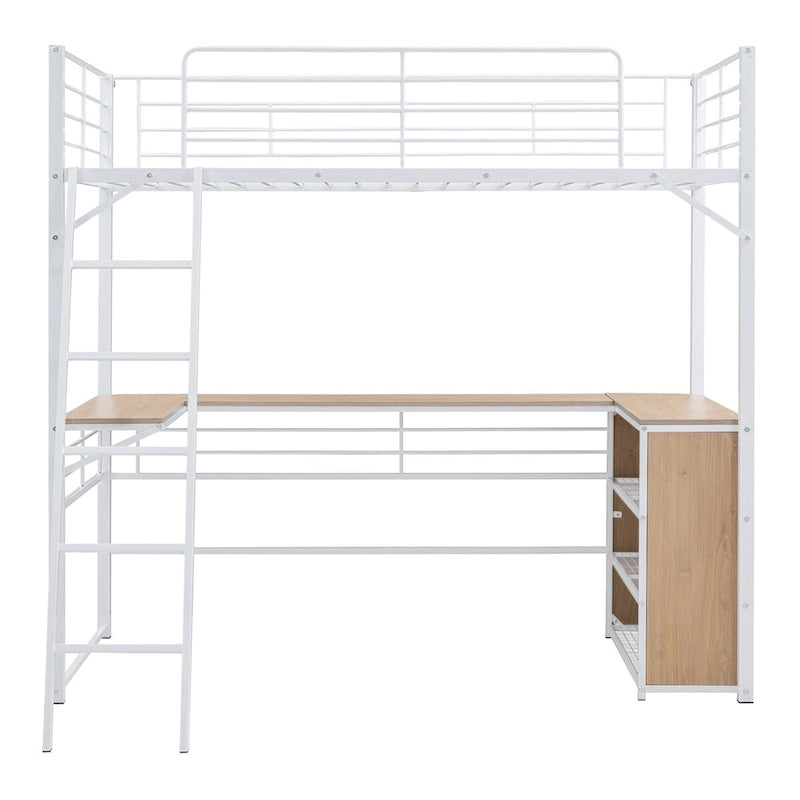 Lit mezzanine en métal avec bureau en L et 3 étagères, échelle réversible