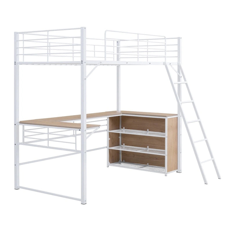 Lit mezzanine en métal avec bureau en L et 3 étagères, échelle réversible