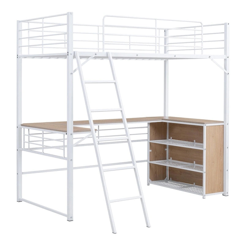 Lit mezzanine en métal avec bureau en L et 3 étagères, échelle réversible