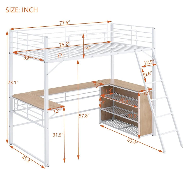 Lit mezzanine en métal avec bureau en L et 3 étagères, échelle réversible