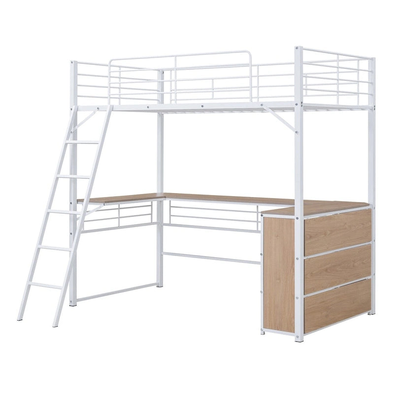 Lit mezzanine en métal avec bureau en L et 3 étagères, échelle réversible
