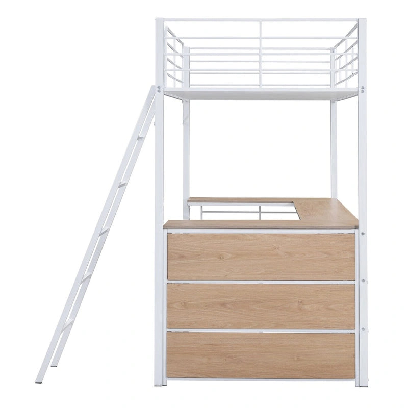 Lit mezzanine en métal avec bureau en L et 3 étagères, échelle réversible