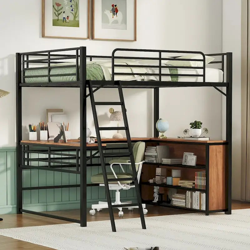Lit mezzanine en métal avec bureau en L et 3 étagères, échelle réversible