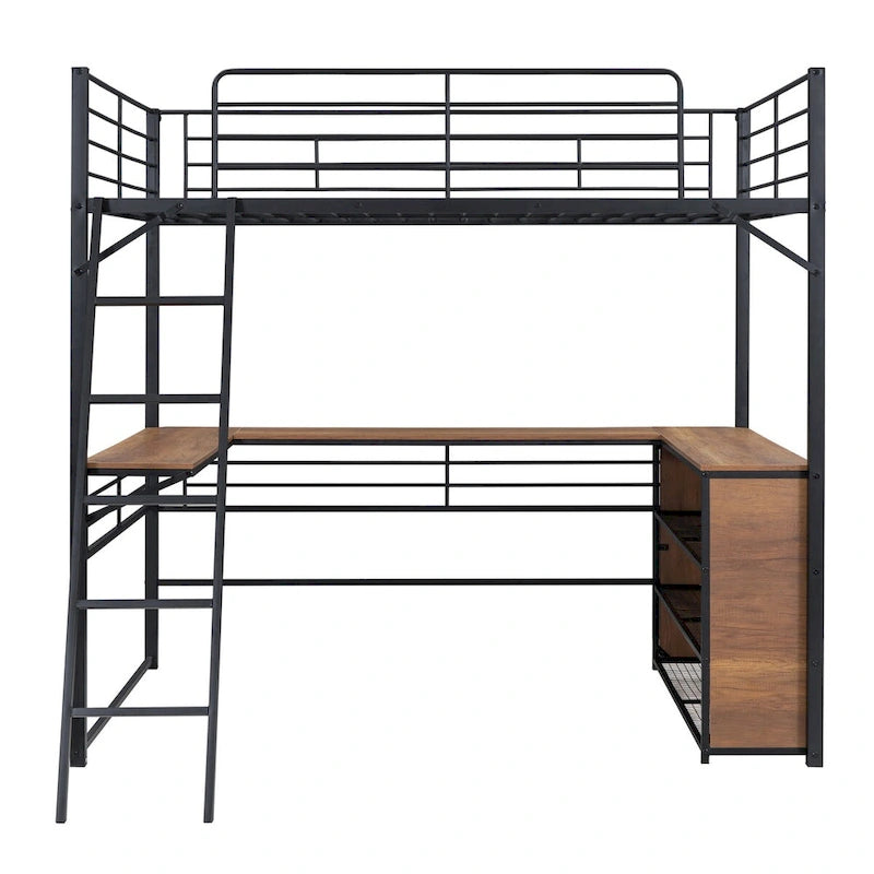 Lit mezzanine en métal avec bureau en L et 3 étagères, échelle réversible