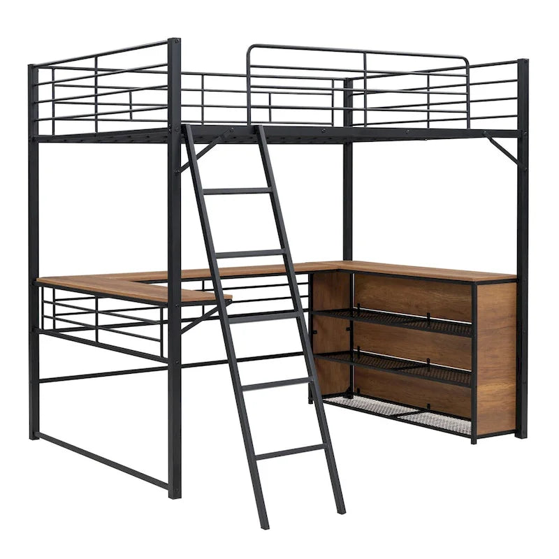 Lit mezzanine en métal avec bureau en L et 3 étagères, échelle réversible