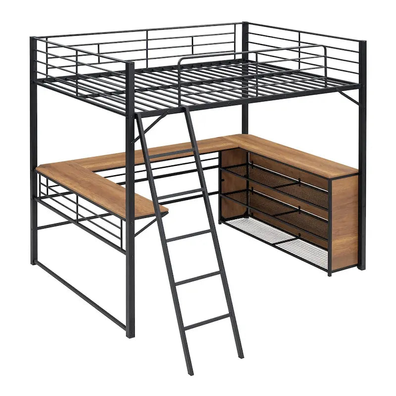 Lit mezzanine en métal avec bureau en L et 3 étagères, échelle réversible