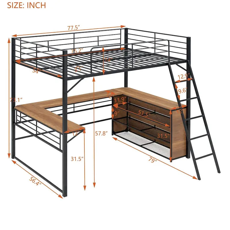 Lit mezzanine en métal avec bureau en L et 3 étagères, échelle réversible