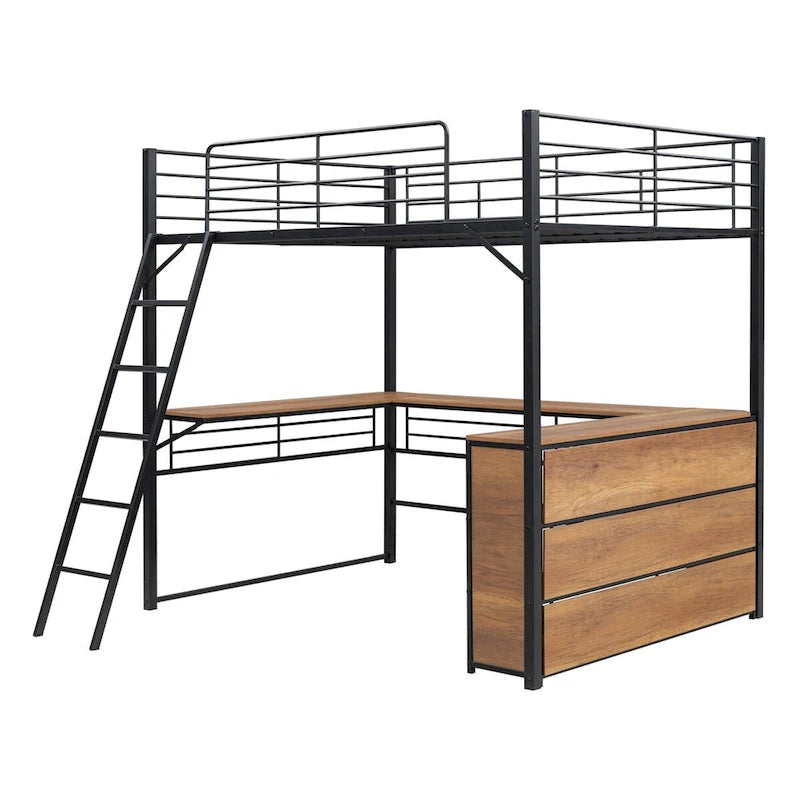 Lit mezzanine en métal avec bureau en L et 3 étagères, échelle réversible