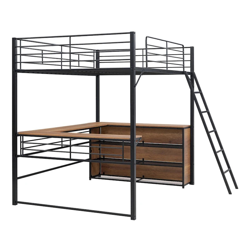 Lit mezzanine en métal avec bureau en L et 3 étagères, échelle réversible