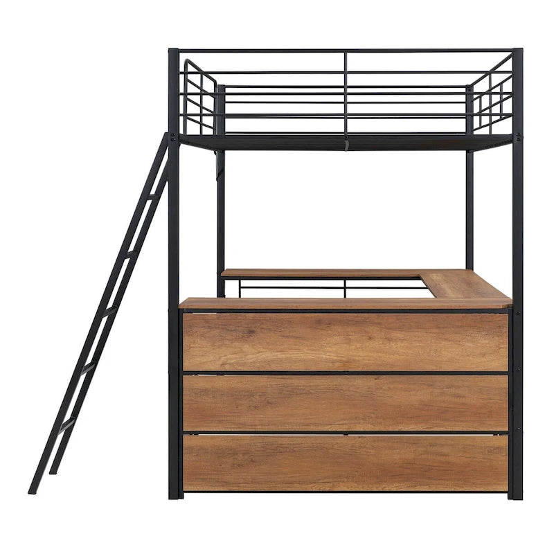Lit mezzanine en métal avec bureau en L et 3 étagères, échelle réversible