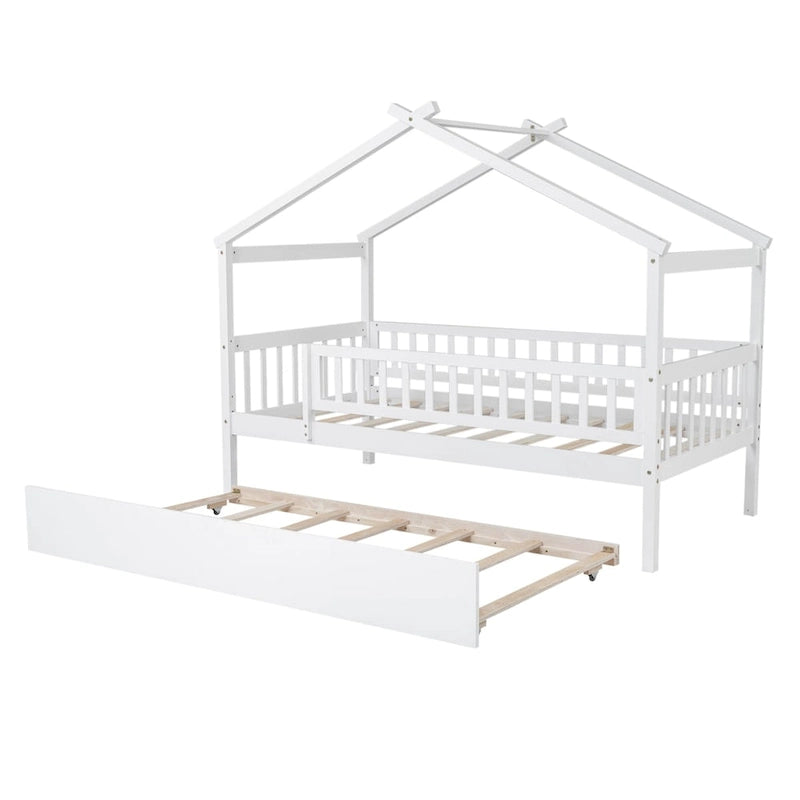 Lit cabane en bois de pin, taille double, avec lit gigogne double et garde-corps pleine longueur