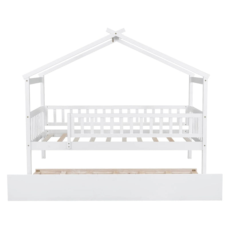Lit cabane en bois de pin, taille double, avec lit gigogne double et garde-corps pleine longueur