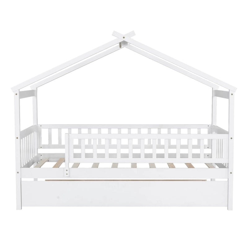 Lit cabane en bois de pin, taille double, avec lit gigogne double et garde-corps pleine longueur
