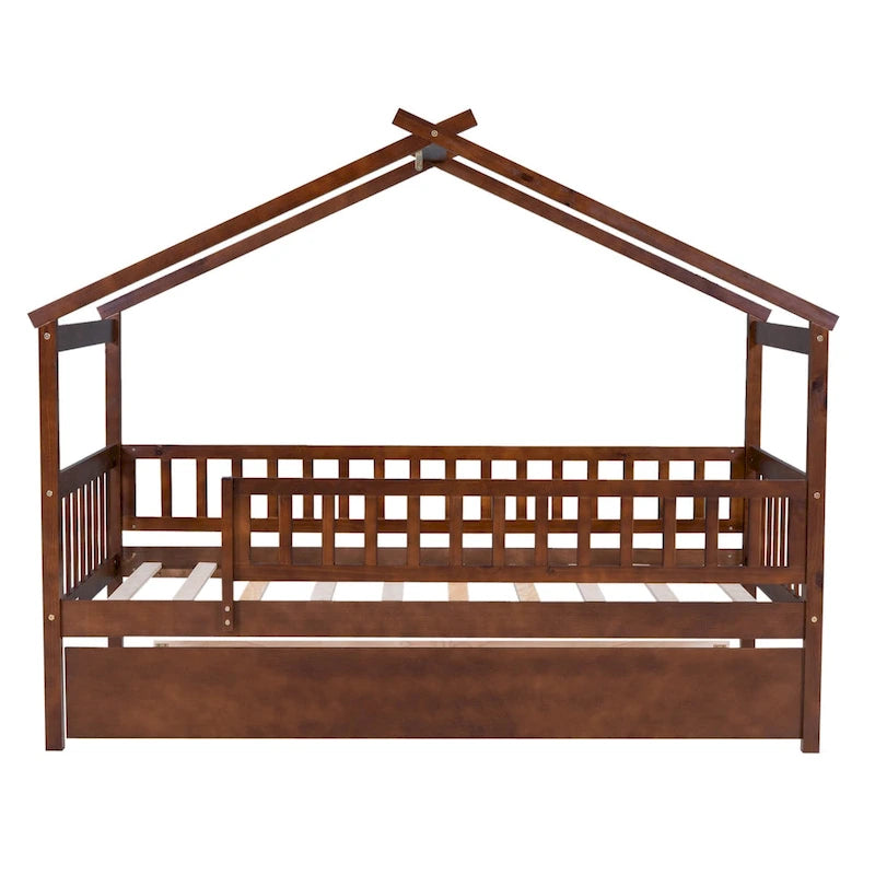 Lit cabane en bois de pin, taille double, avec lit gigogne double et garde-corps pleine longueur