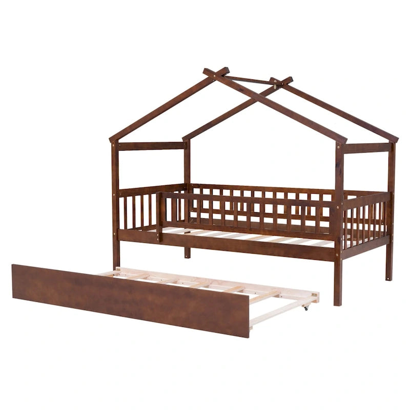 Lit cabane en bois de pin, taille double, avec lit gigogne double et garde-corps pleine longueur