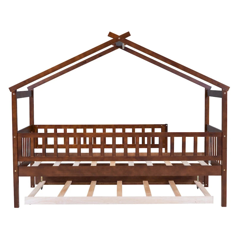 Lit cabane en bois de pin, taille double, avec lit gigogne double et garde-corps pleine longueur