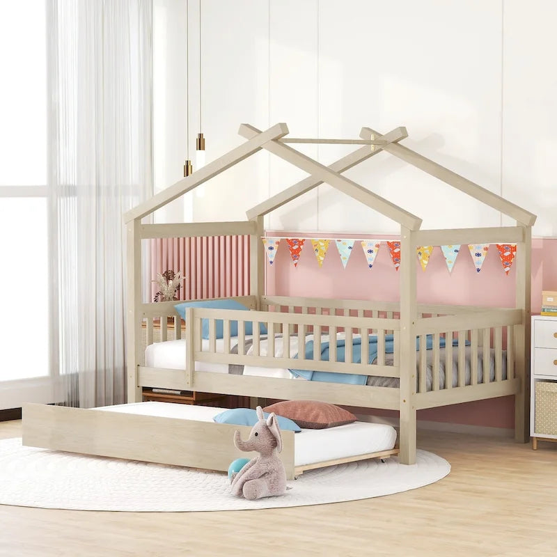 Lit cabane en bois de pin, taille double, avec lit gigogne double et garde-corps pleine longueur