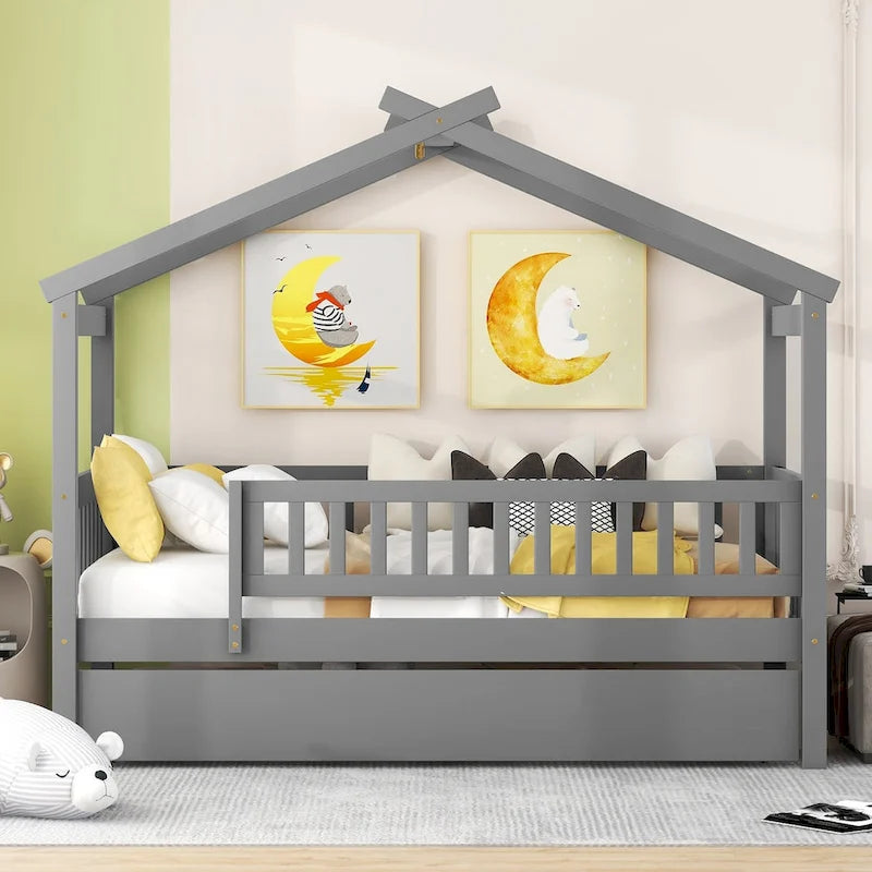 Lit cabane en bois de pin, taille double, avec lit gigogne double et garde-corps pleine longueur