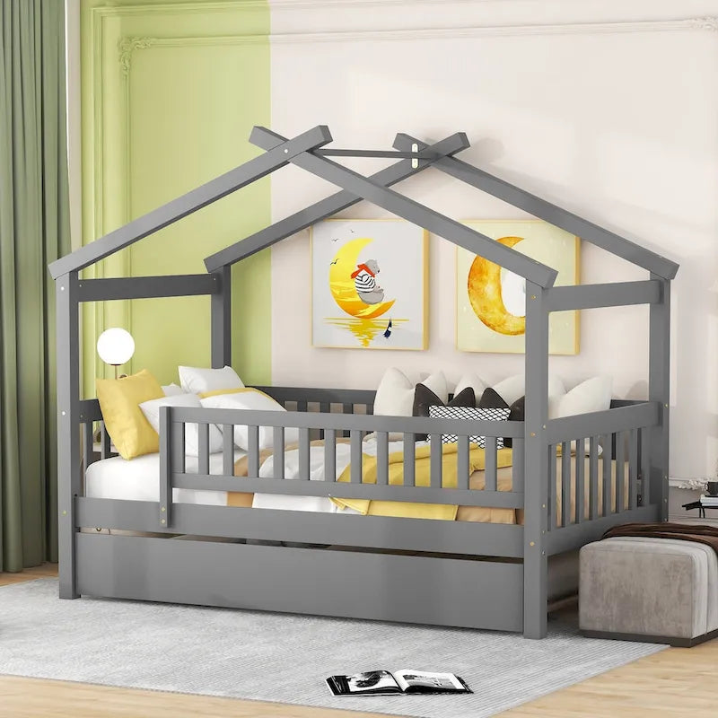 Lit cabane en bois de pin, taille double, avec lit gigogne double et garde-corps pleine longueur