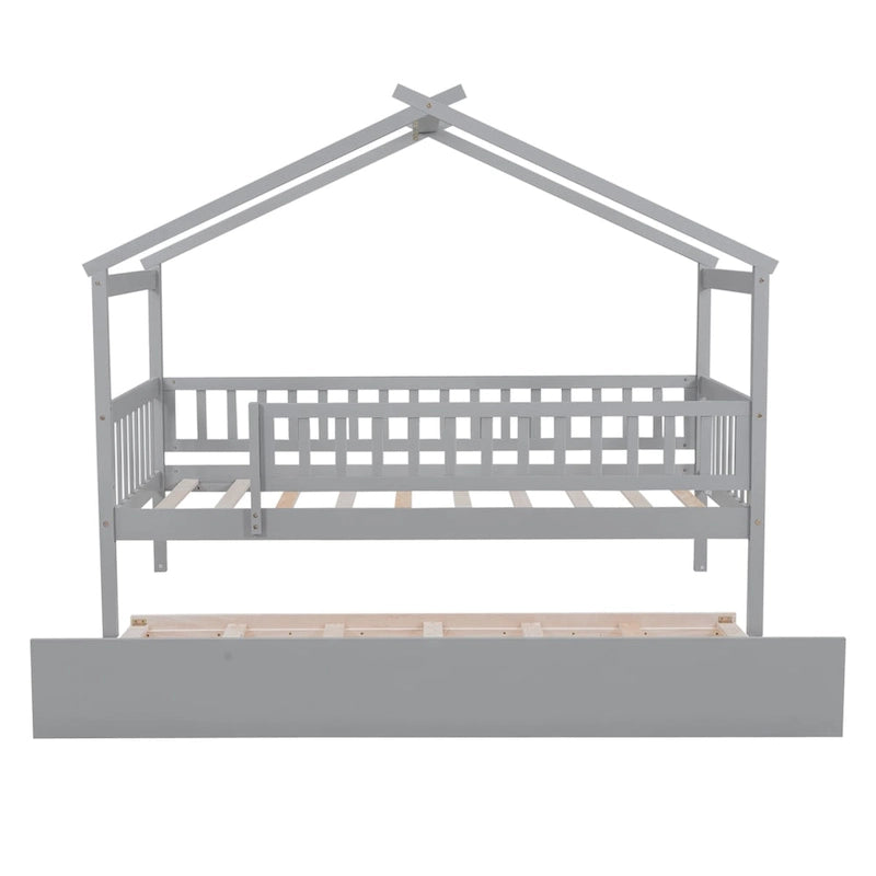 Lit cabane en bois de pin, taille double, avec lit gigogne double et garde-corps pleine longueur