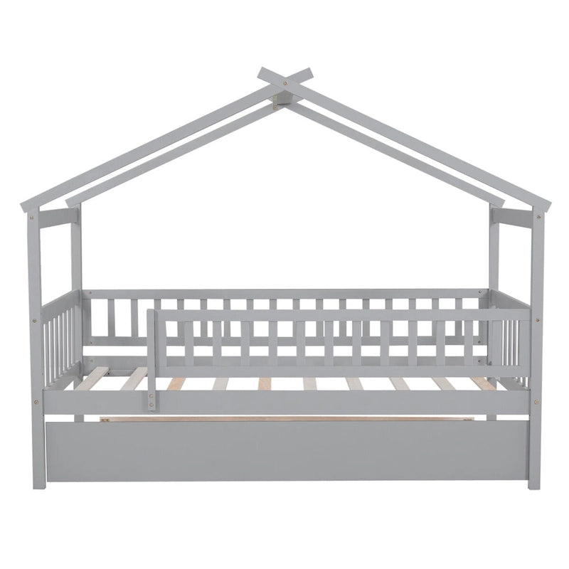 Lit cabane en bois de pin, taille double, avec lit gigogne double et garde-corps pleine longueur