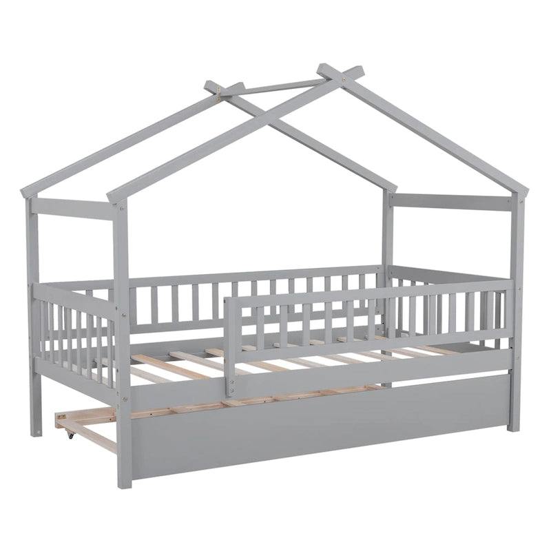 Lit cabane en bois de pin, taille double, avec lit gigogne double et garde-corps pleine longueur