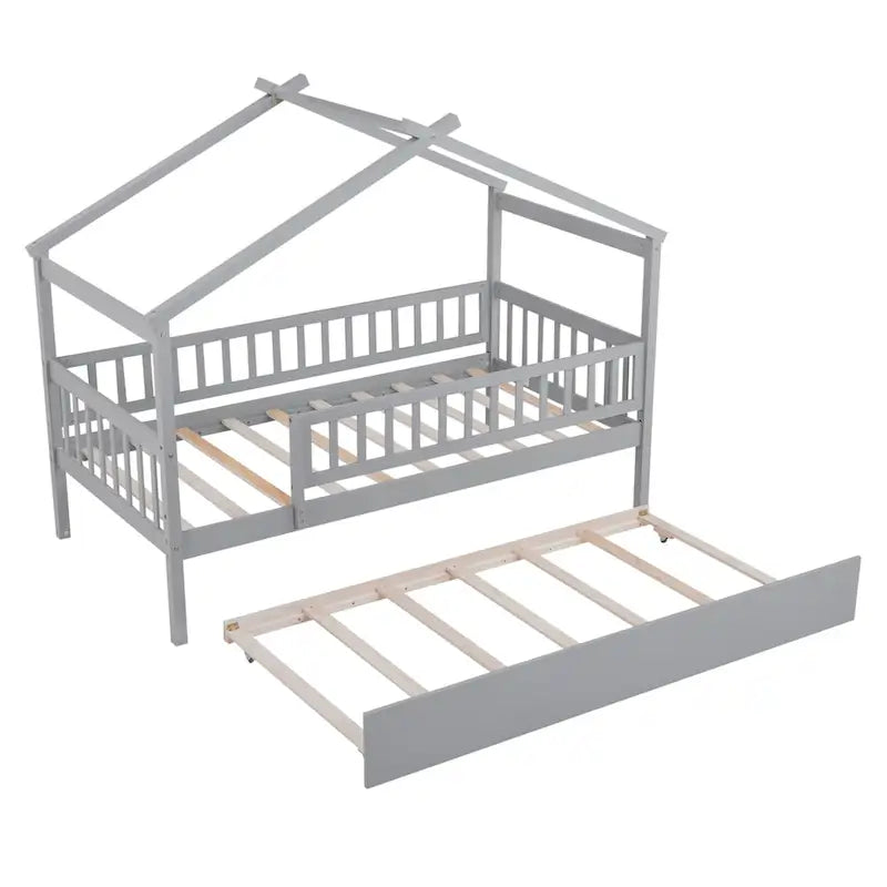 Lit cabane en bois de pin, taille double, avec lit gigogne double et garde-corps pleine longueur