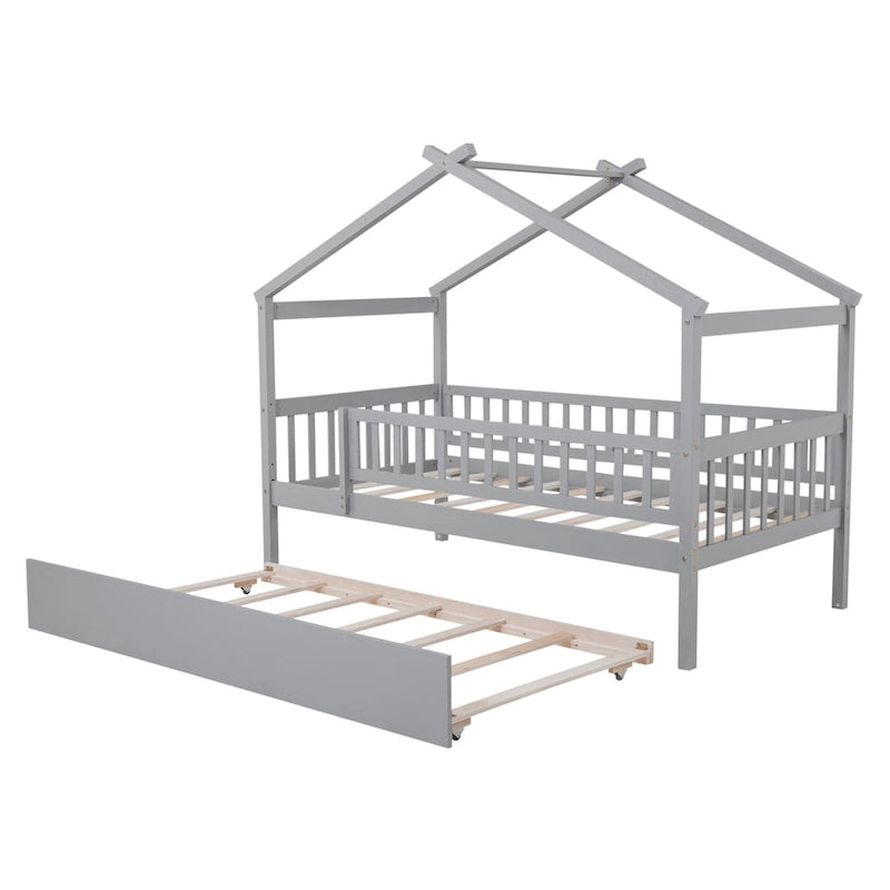 Lit cabane en bois de pin, taille double, avec lit gigogne double et garde-corps pleine longueur