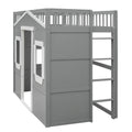 Gray/White Castle Style Solid Pine Wood Loft Bed with Ladder and Guard Rails