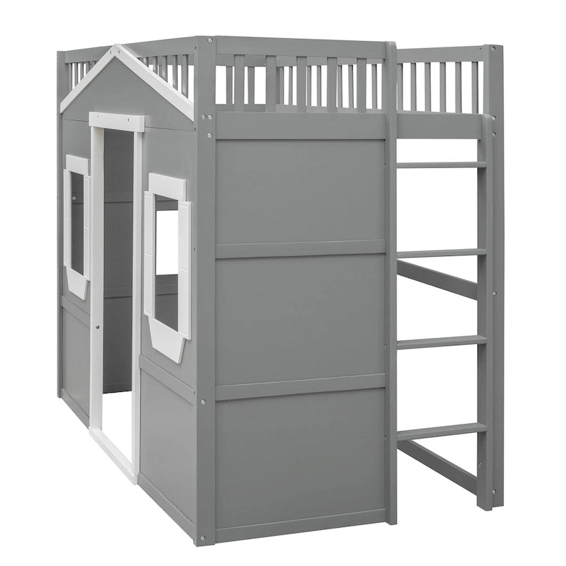 Gray/White Castle Style Solid Pine Wood Loft Bed with Ladder and Guard Rails
